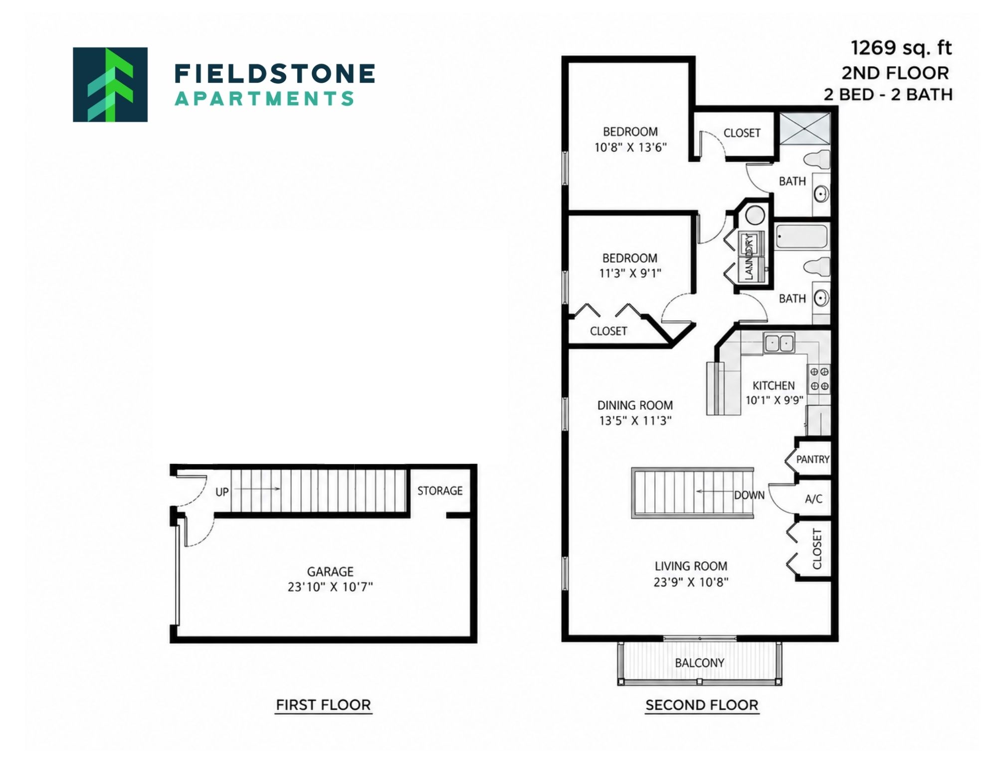 Floor plan for 2 beds, 2 baths, 1269 sqft